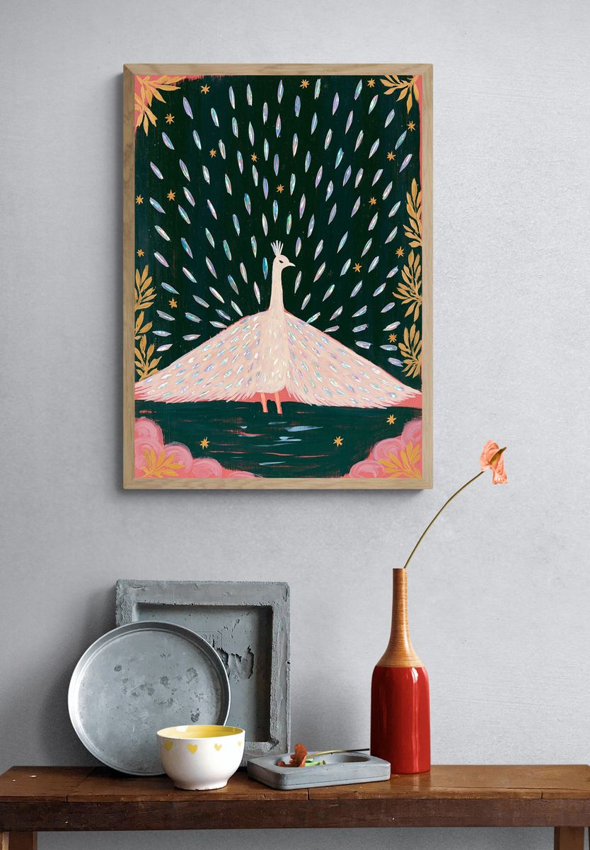 Peacock in Moonlit Garden Poster. — room view 3