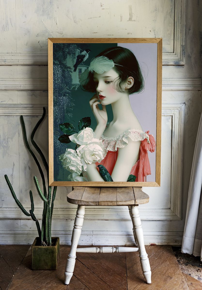 Dreamy Girl with Roses Illustration Poster. — room view 1