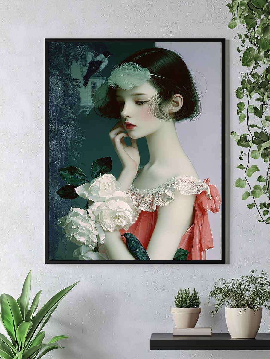 Dreamy Girl with Roses Illustration Poster. — room view 4