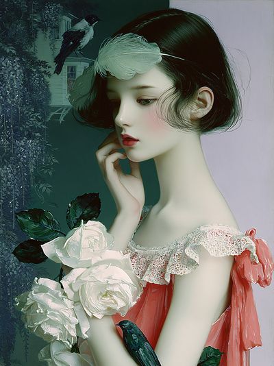 Dreamy Girl with Roses Illustration Poster. poster print