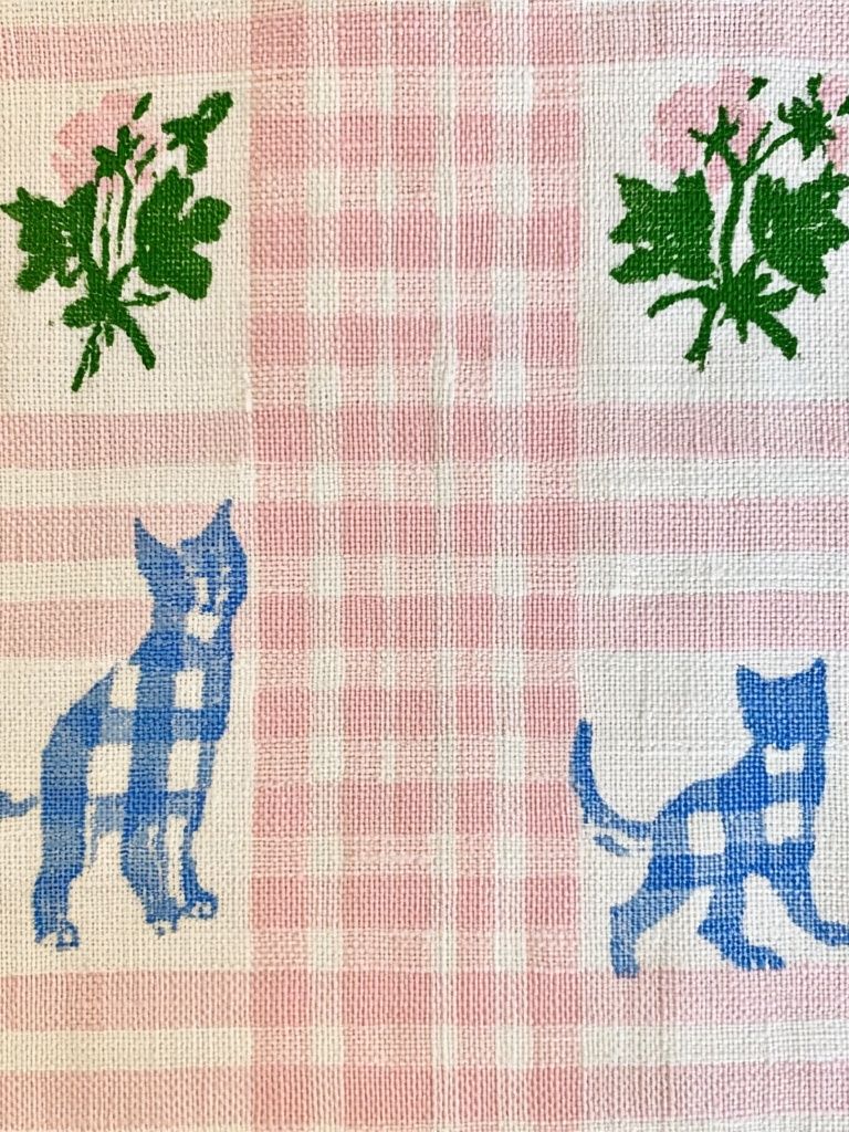 Pink Gingham Cats Botanical Print. poster detail