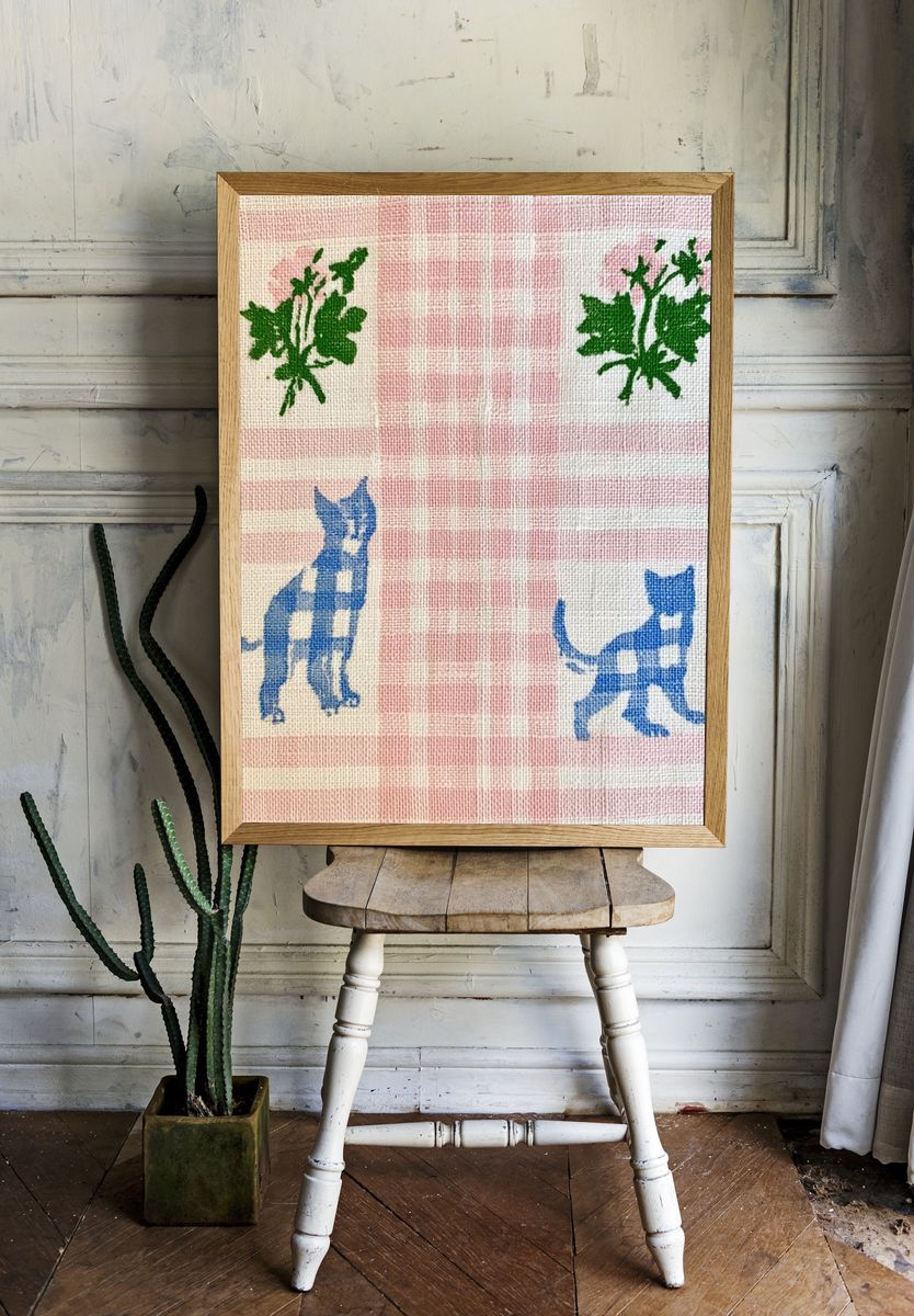 Pink Gingham Cats Botanical Print. — room view 1