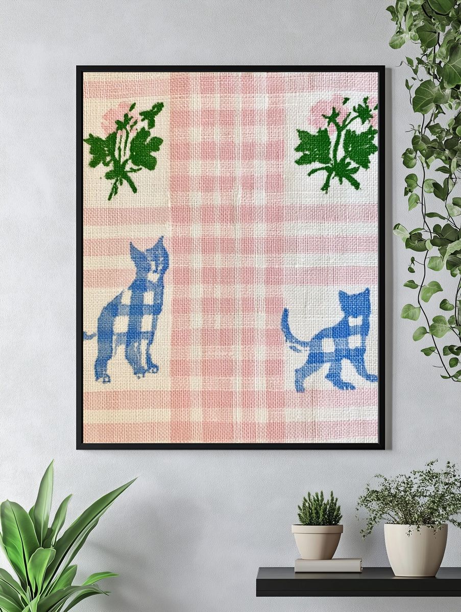 Pink Gingham Cats Botanical Print. — room view 4