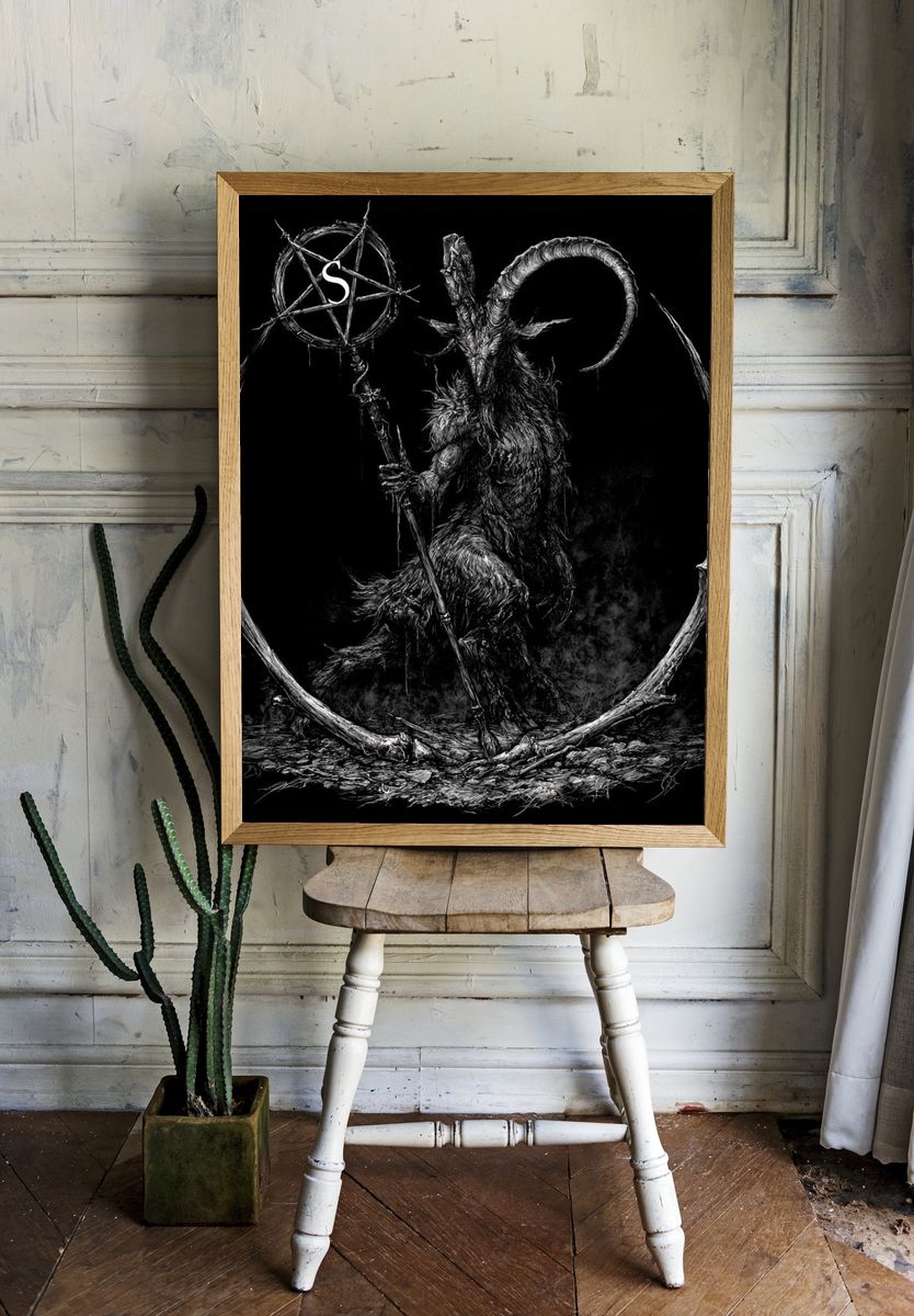 Horned Goat Occult Illustration Poster. — room view 1