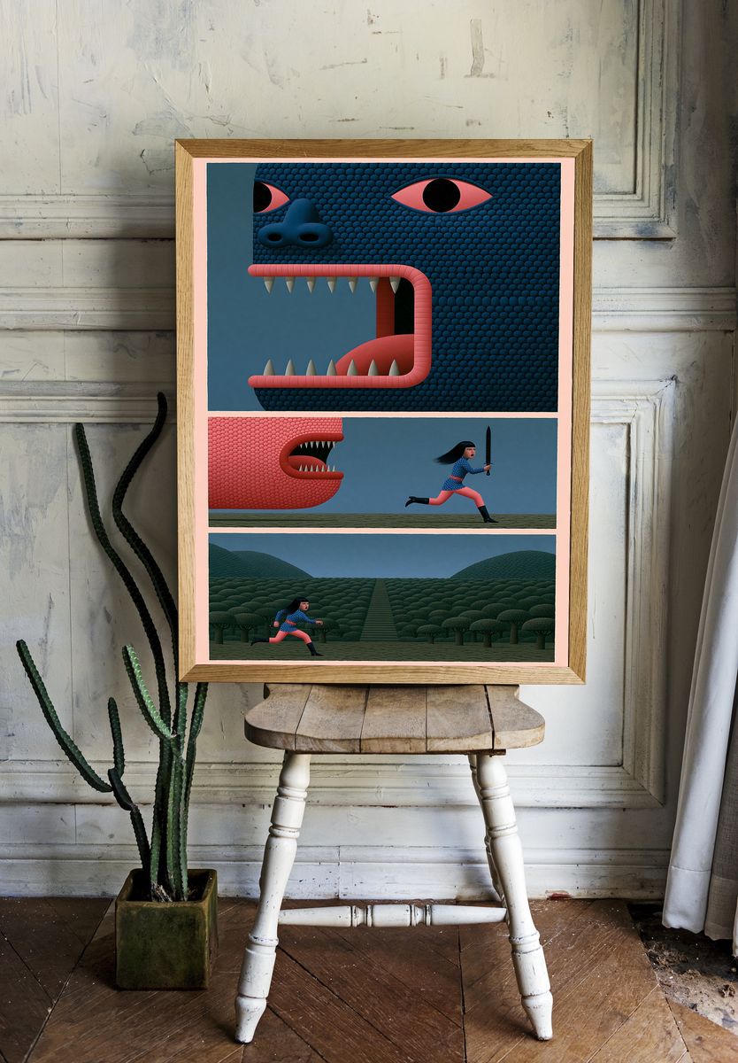 Mythic Monster Chase Illustration Poster. room preview