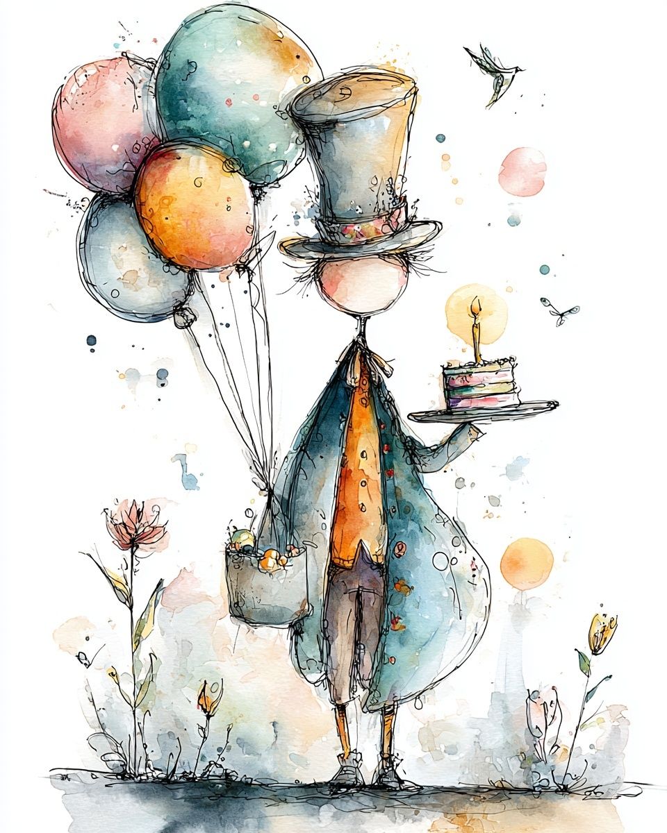 Whimsical Balloon Bird Watercolor Print. poster detail