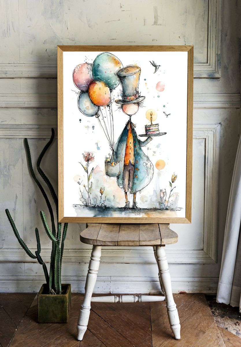 Whimsical Balloon Bird Watercolor Print room preview