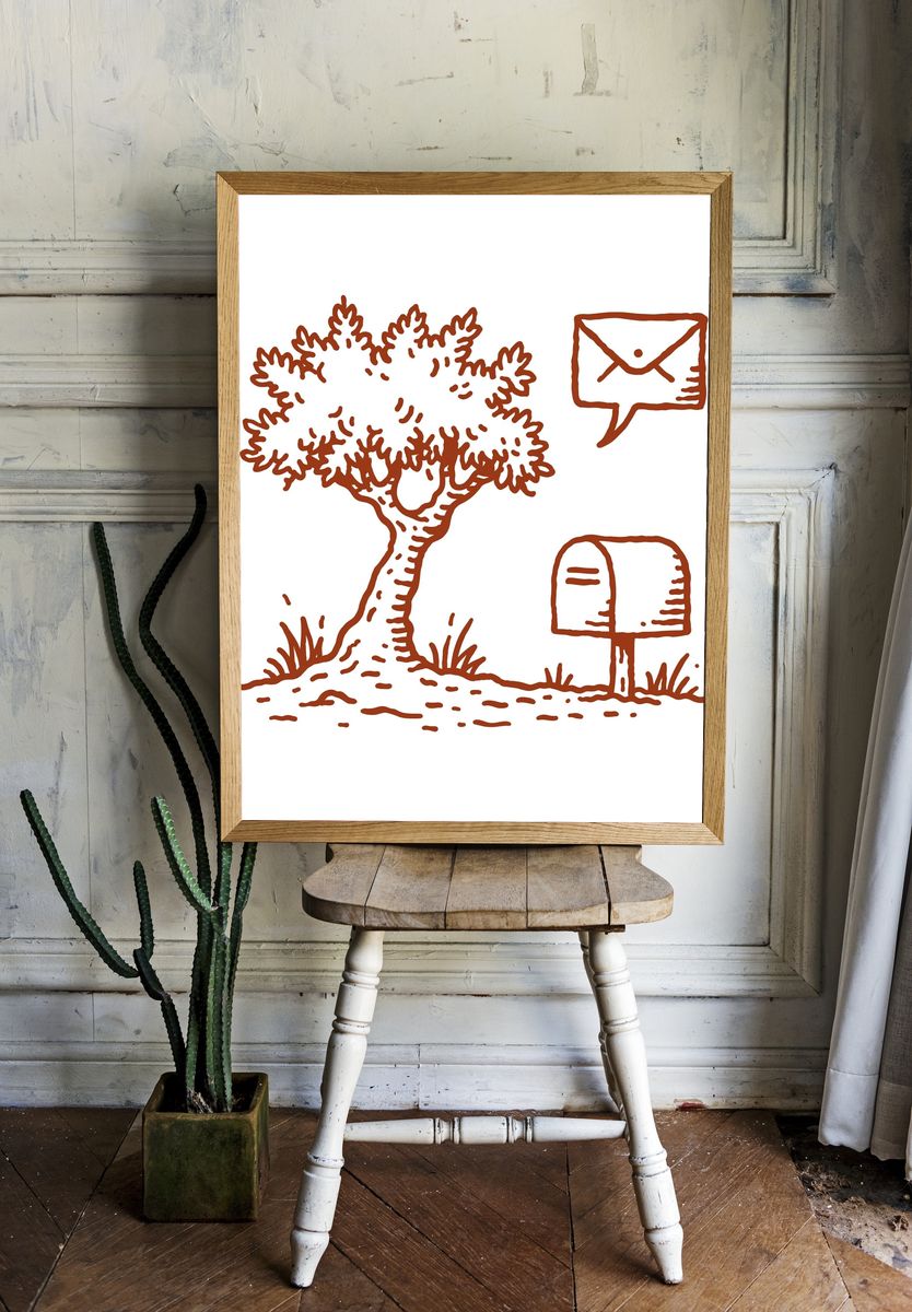 Tree and Mailbox Line Art Poster. room preview