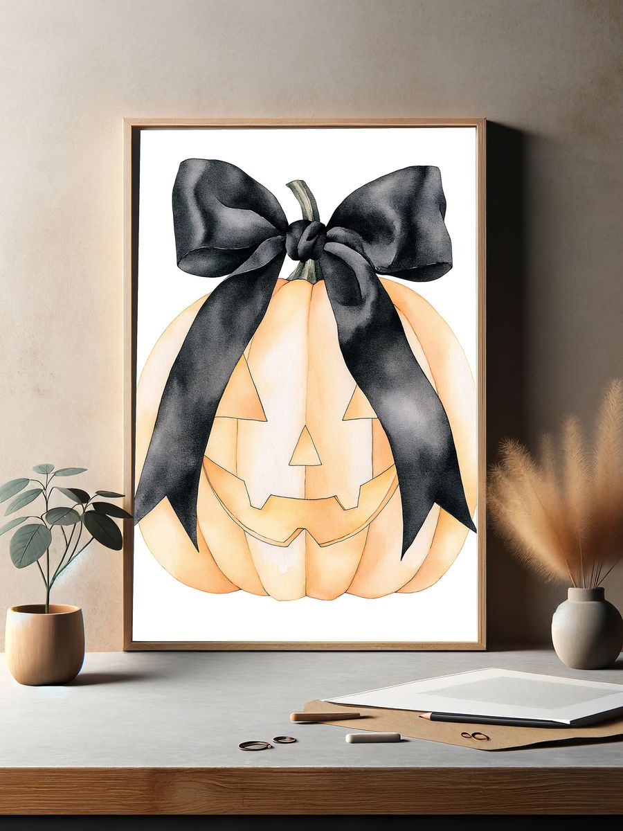 Black Bow Pumpkin Illustration Print. — room view 2