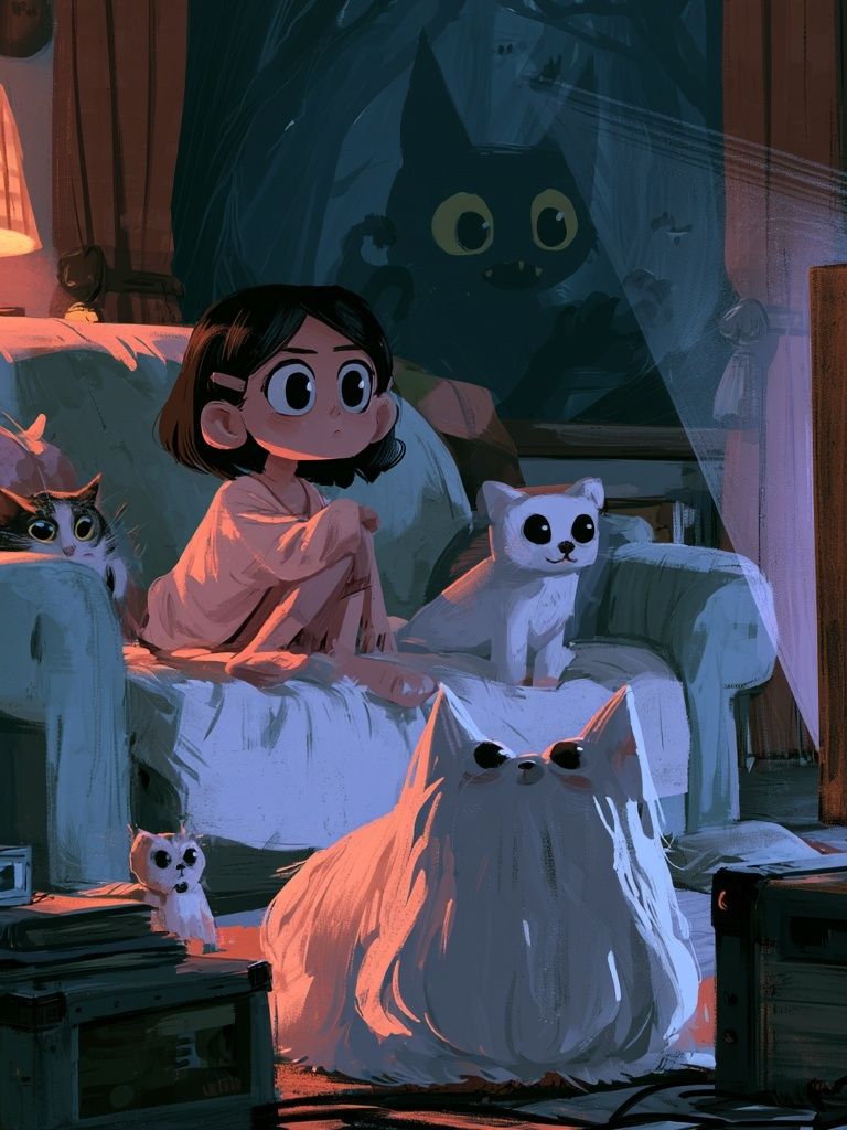 Moonlit Cat Room Illustration Poster. poster detail