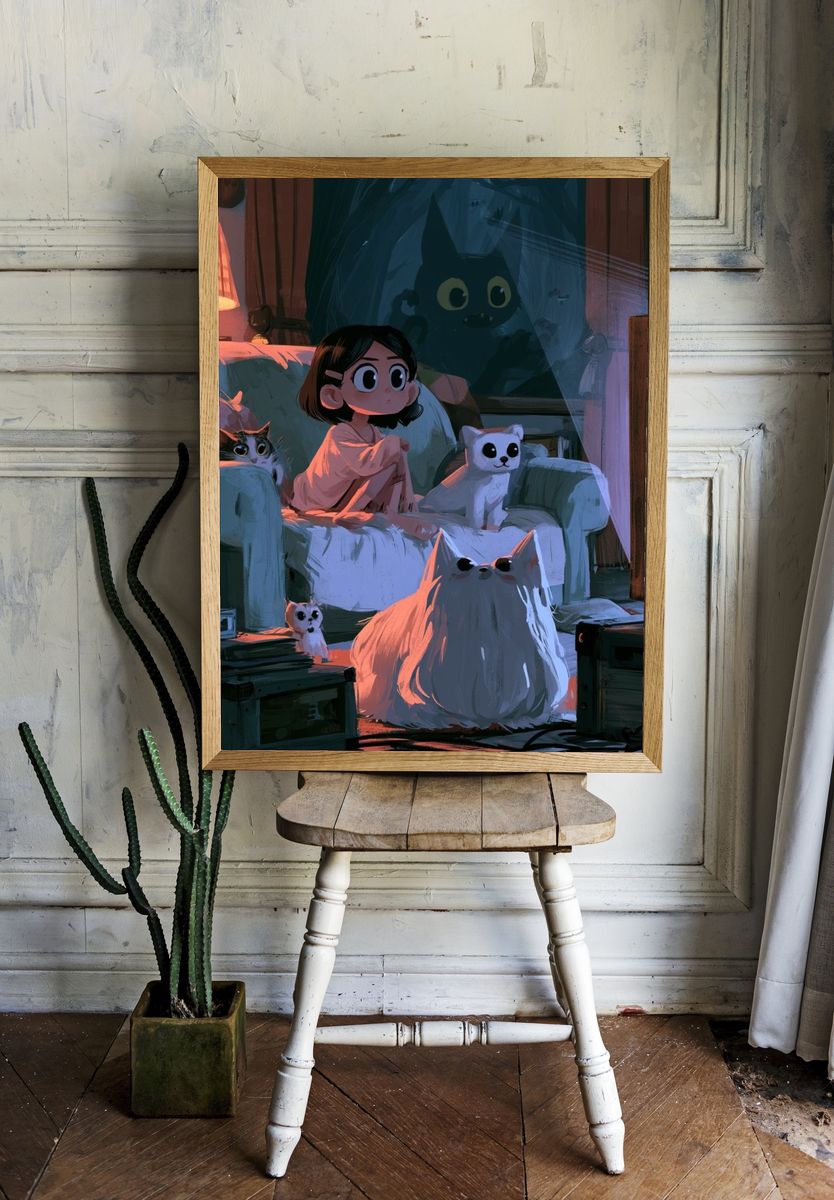 Moonlit Cat Room Illustration Poster. — room view 1