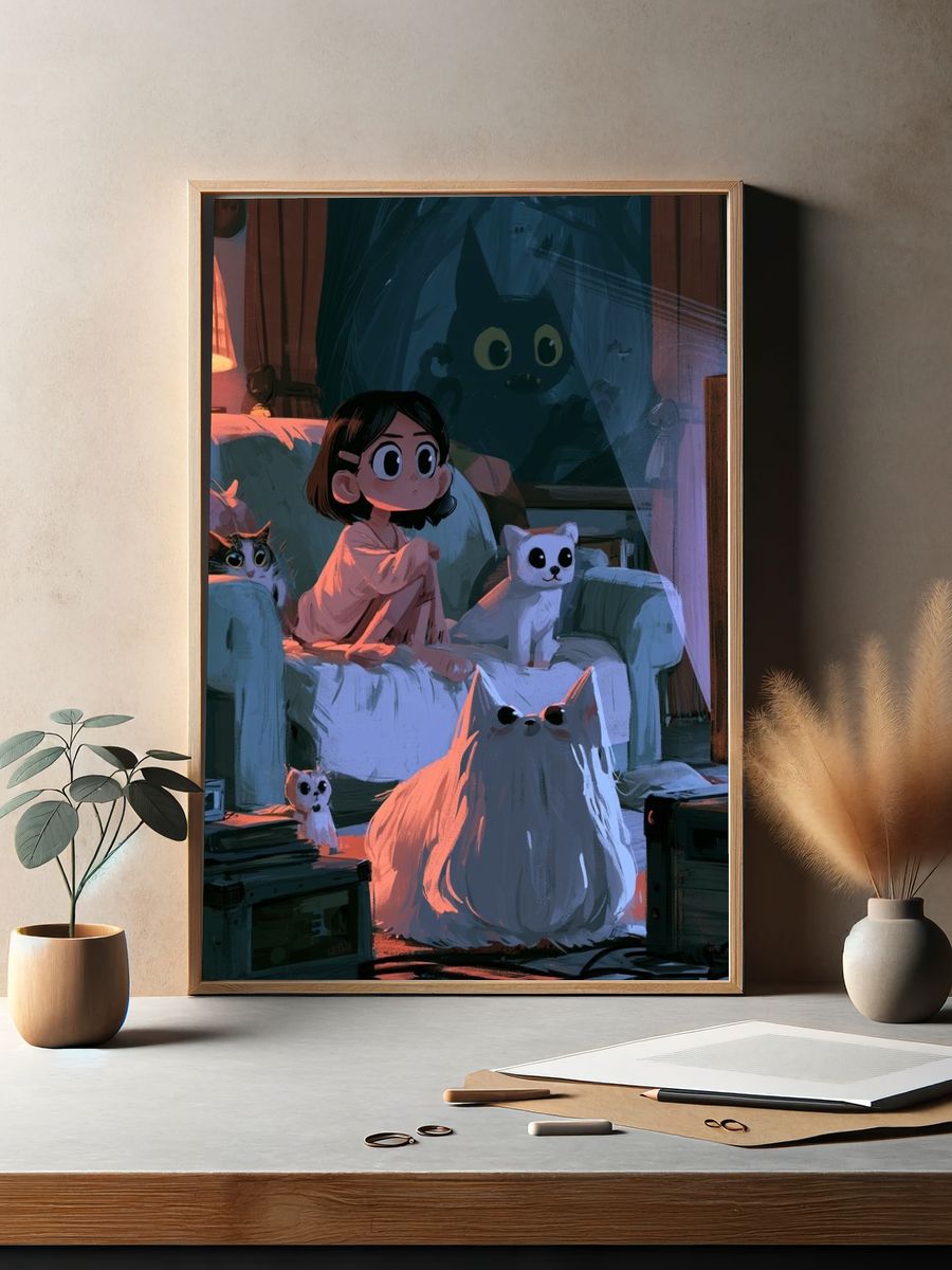 Moonlit Cat Room Illustration Poster. — room view 2