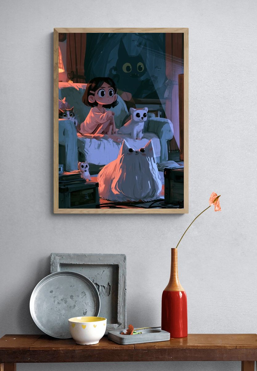Moonlit Cat Room Illustration Poster. — room view 3