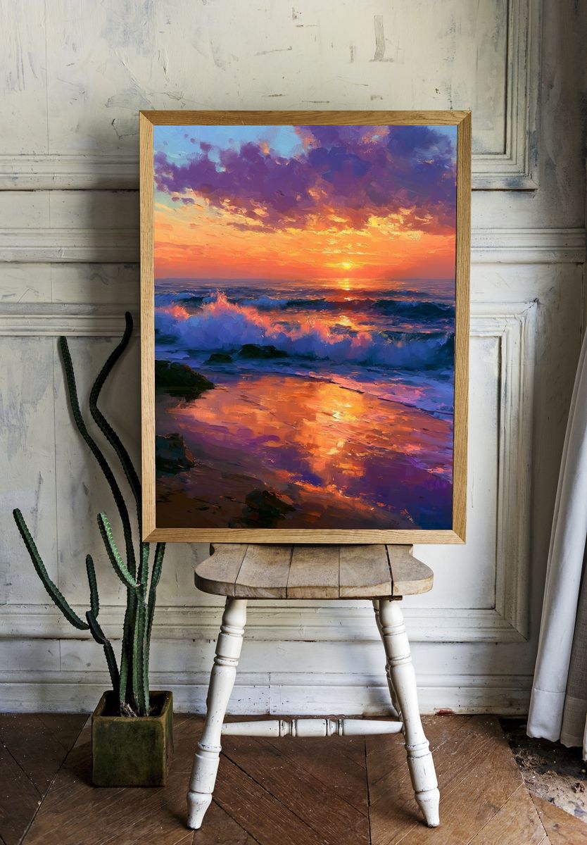 Sunset Ocean Waves Illustration Poster. room preview