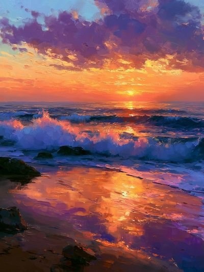 Sunset Ocean Waves Illustration Poster.