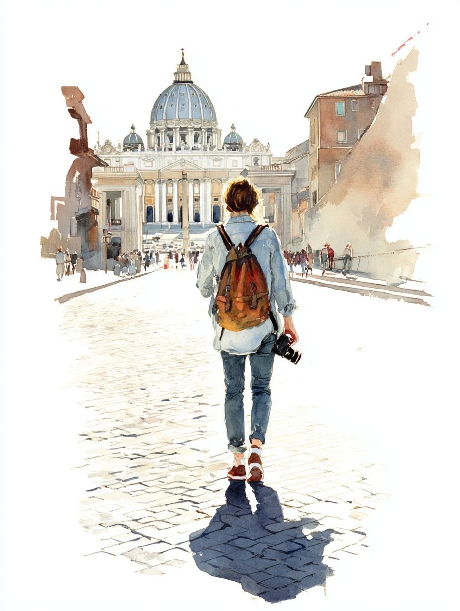 Traveler at St. Peter's Basilica Watercolor Print. poster detail