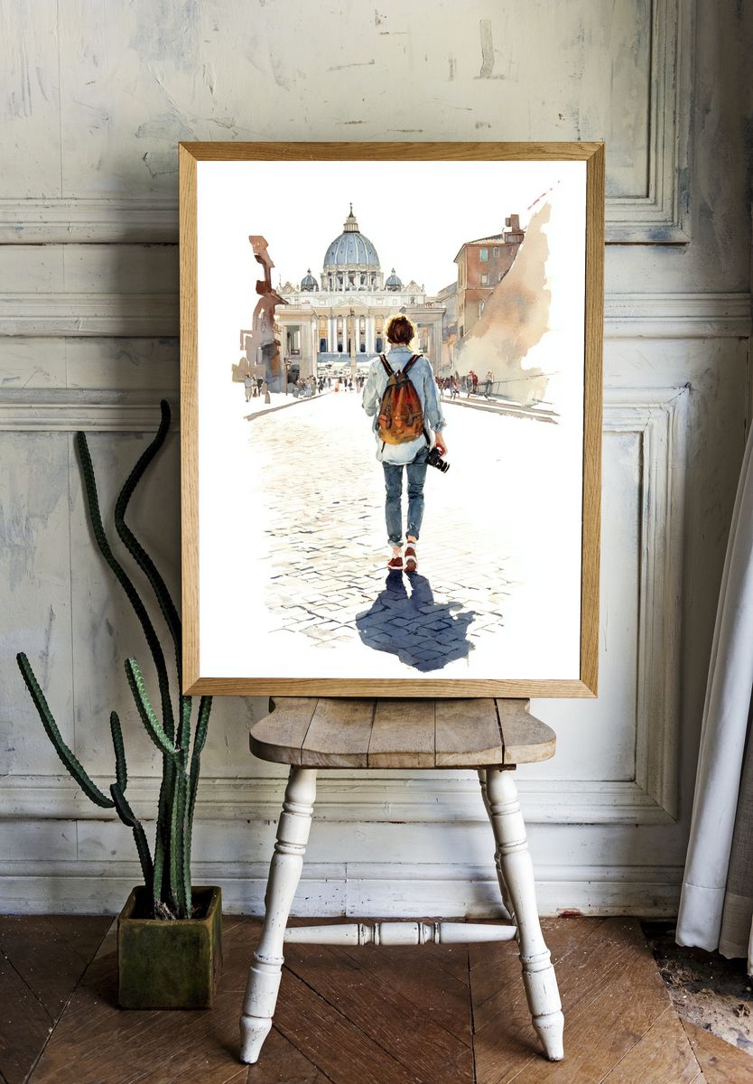 Traveler at St. Peter's Basilica Watercolor Print. room preview