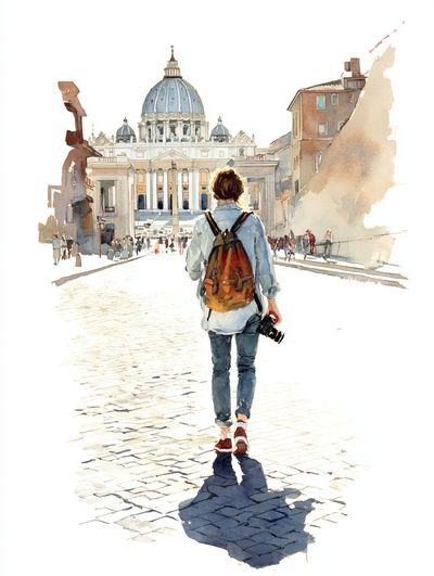 Traveler at St. Peter's Basilica Watercolor Print. poster