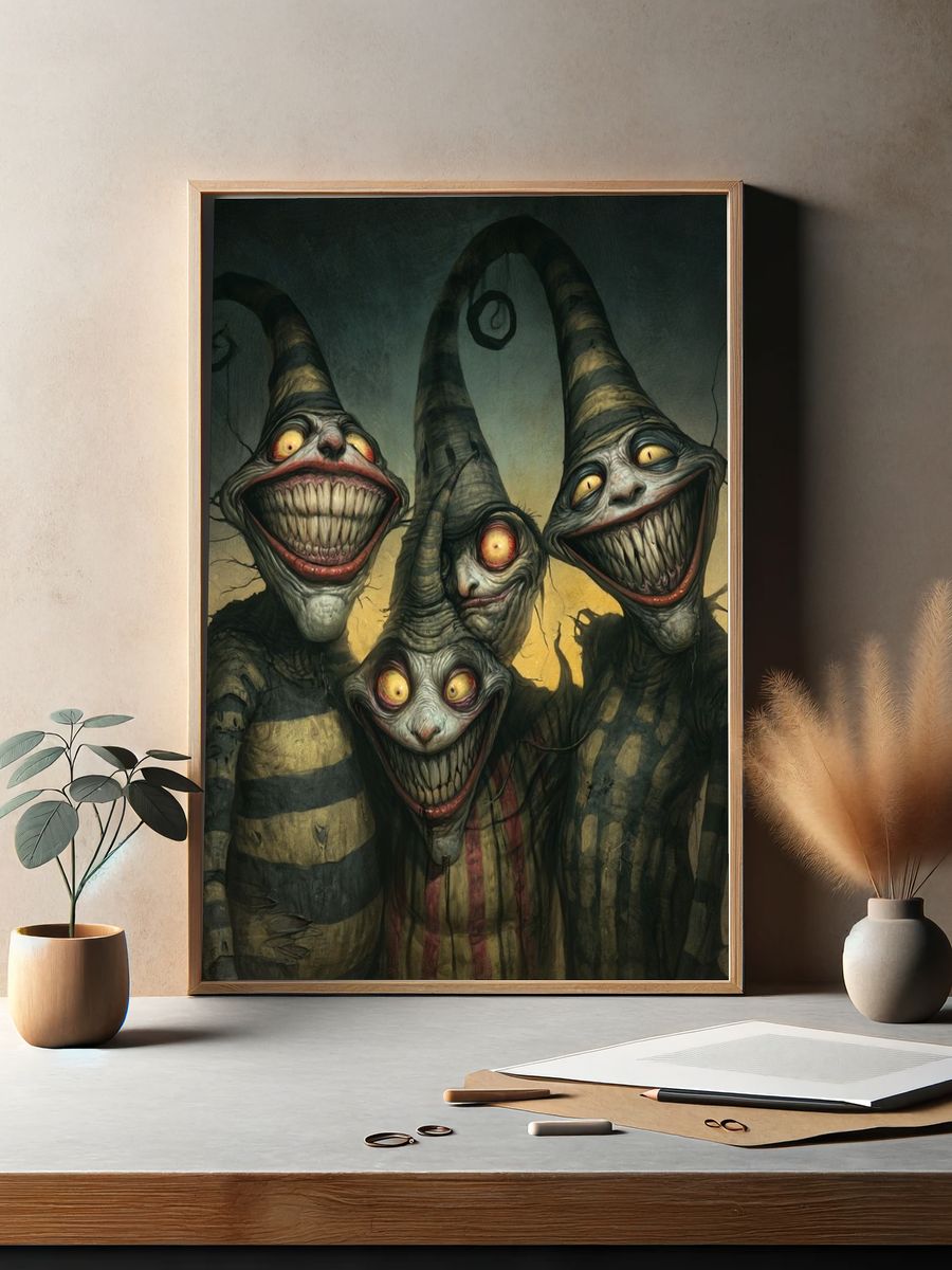 Creepy Grinning Clowns Illustration Poster. — room view 2