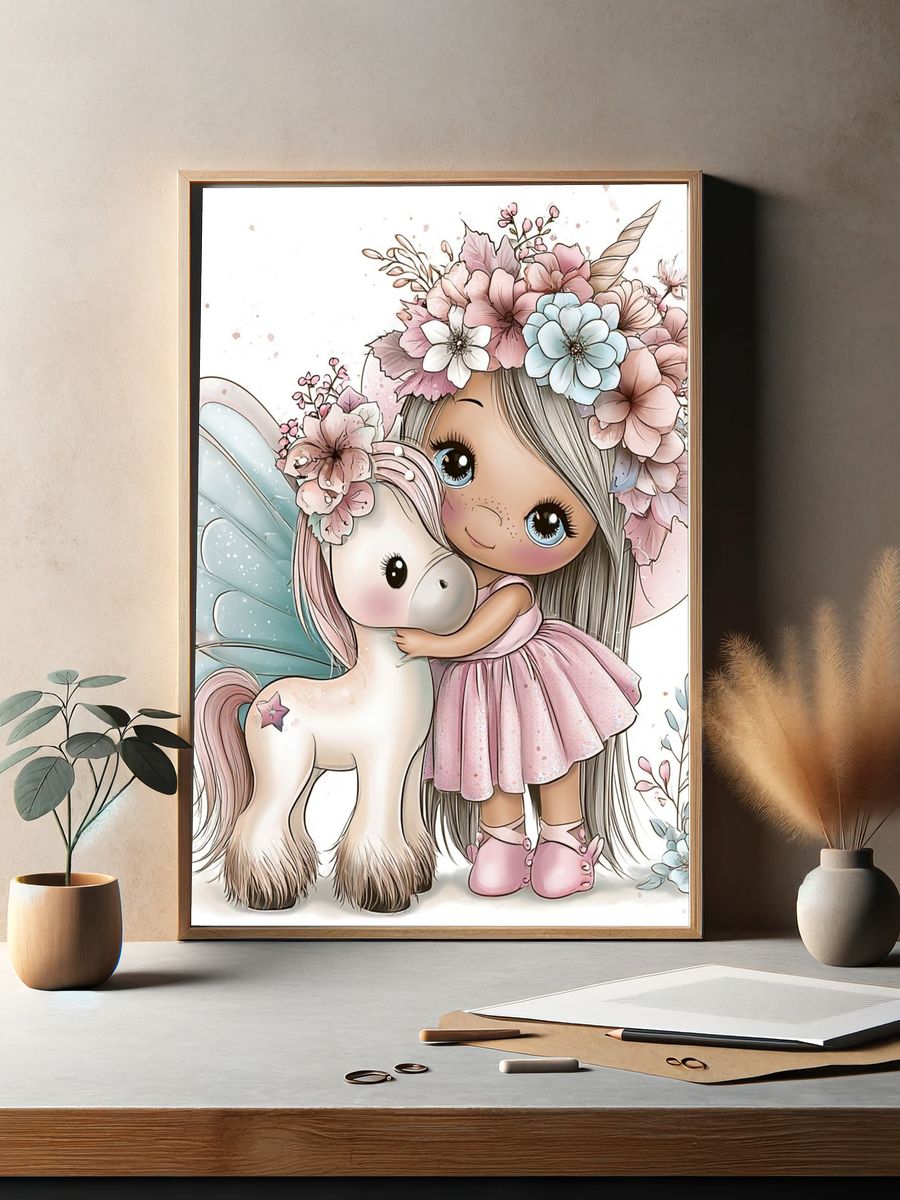 Fairy Girl and Unicorn Illustration Poster. — room view 2