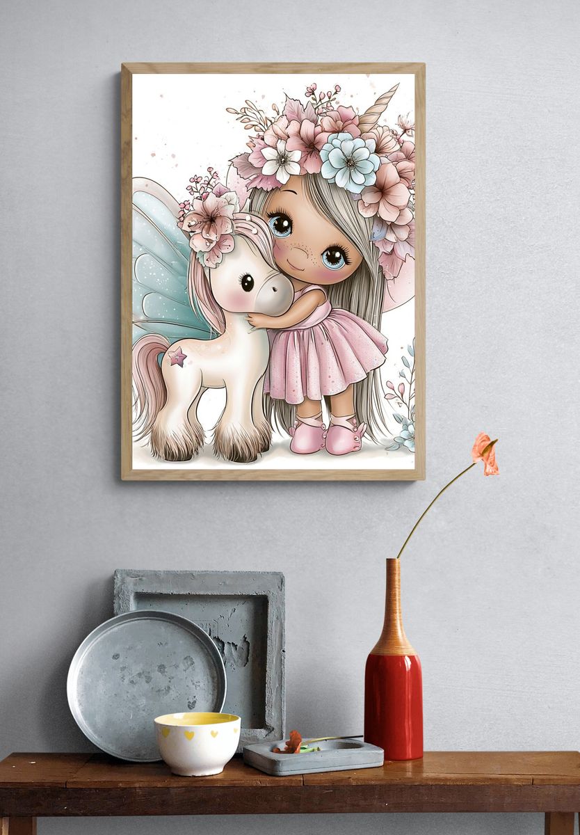 Fairy Girl and Unicorn Illustration Poster. — room view 3