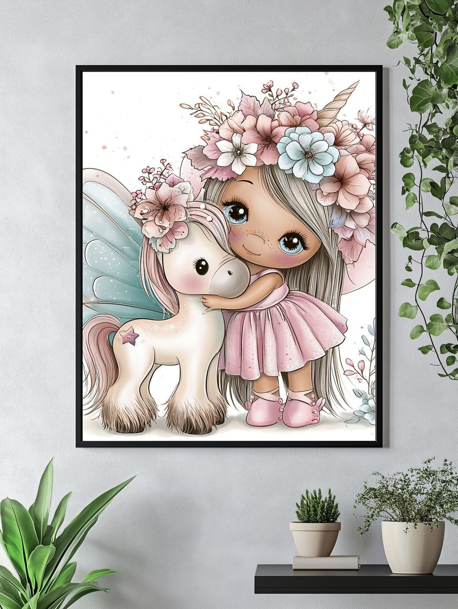 Fairy Girl and Unicorn Illustration Poster. — room view 4