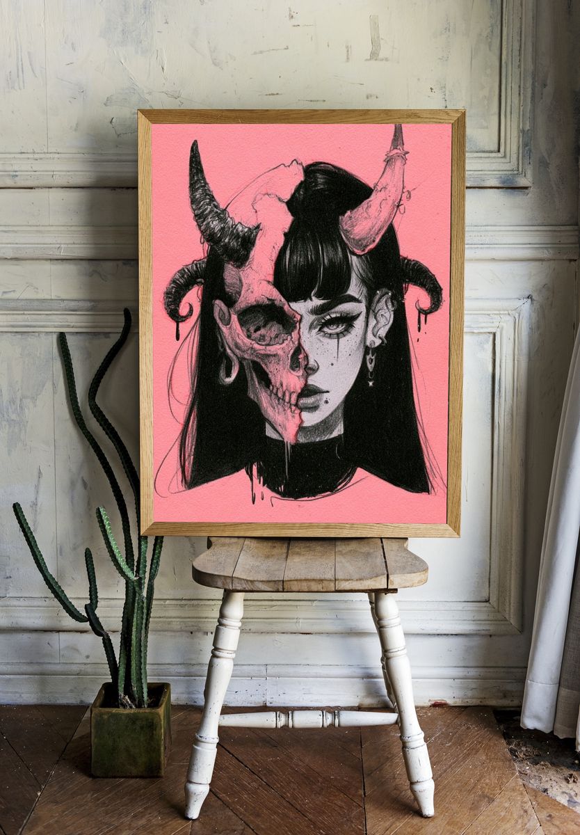 Gothic Horned Portrait Print. — room view 1