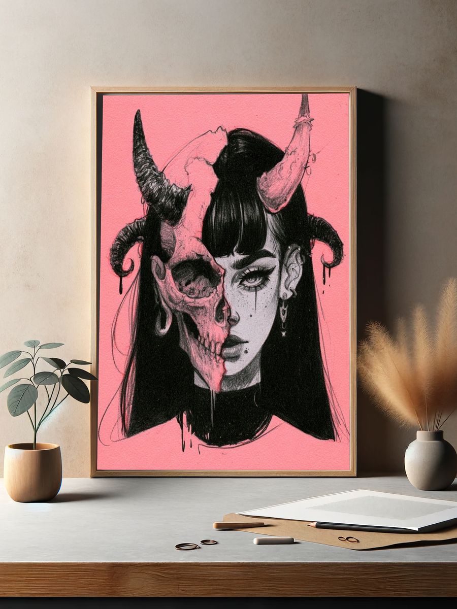 Gothic Horned Portrait Print. — room view 2