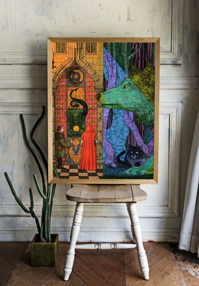 Enchanted Library Wolf Illustration Poster. — room view 1