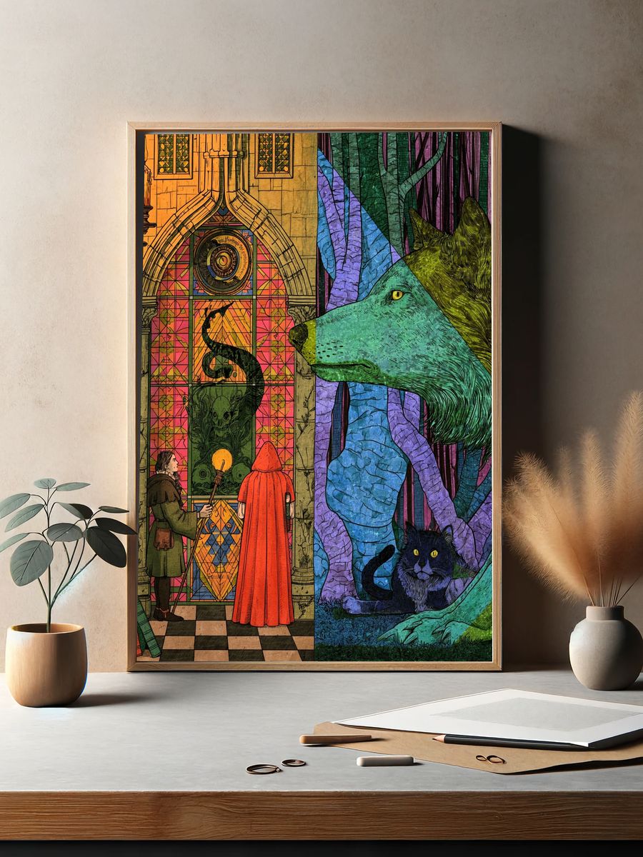 Enchanted Library Wolf Illustration Poster. — room view 2
