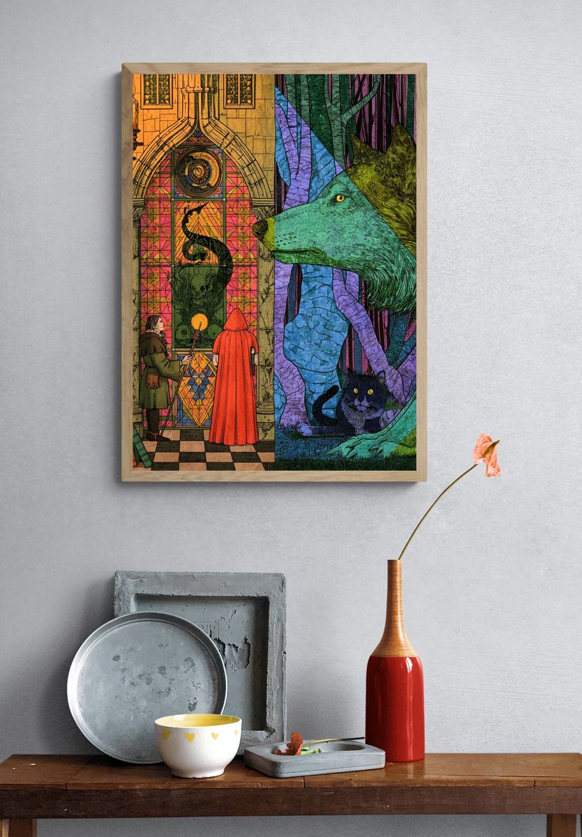Enchanted Library Wolf Illustration Poster. — room view 3