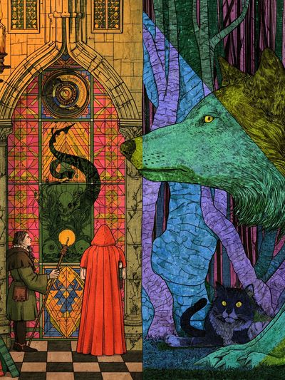 Enchanted Library Wolf Illustration Poster.