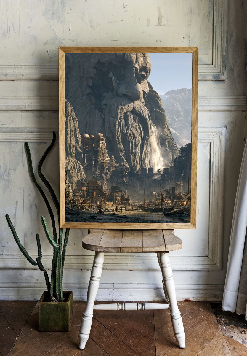 Mountain Cliff Village Fantasy Print. room preview