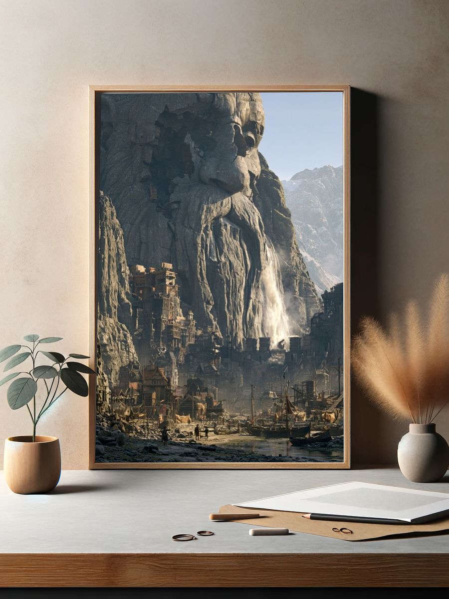 Mountain Cliff Village Fantasy Print. — room view 2