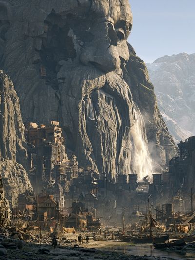 Mountain Cliff Village Fantasy Print.