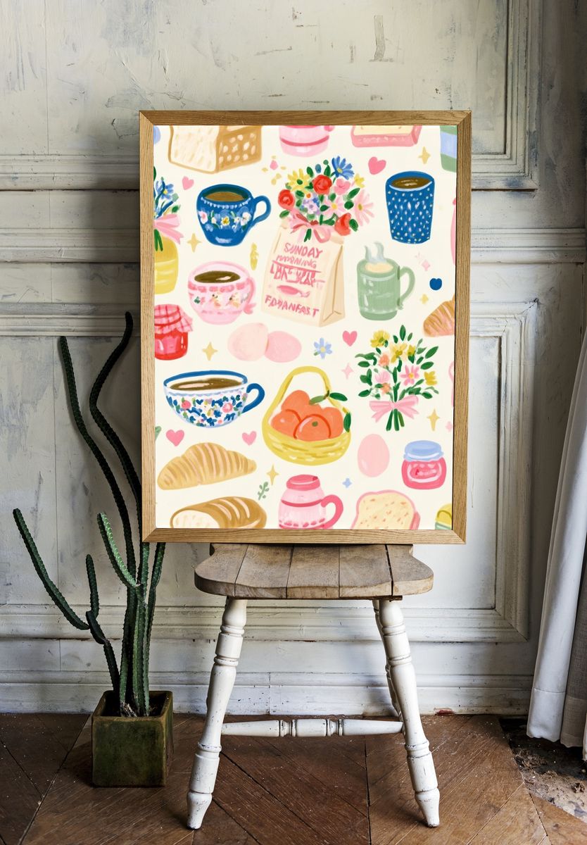 Pastel Breakfast Pattern Illustration Poster. — room view 1