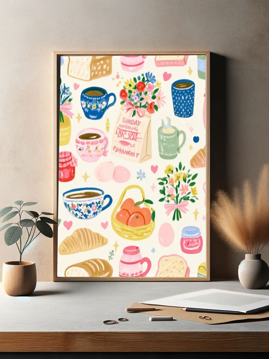 Pastel Breakfast Pattern Illustration Poster. — room view 2