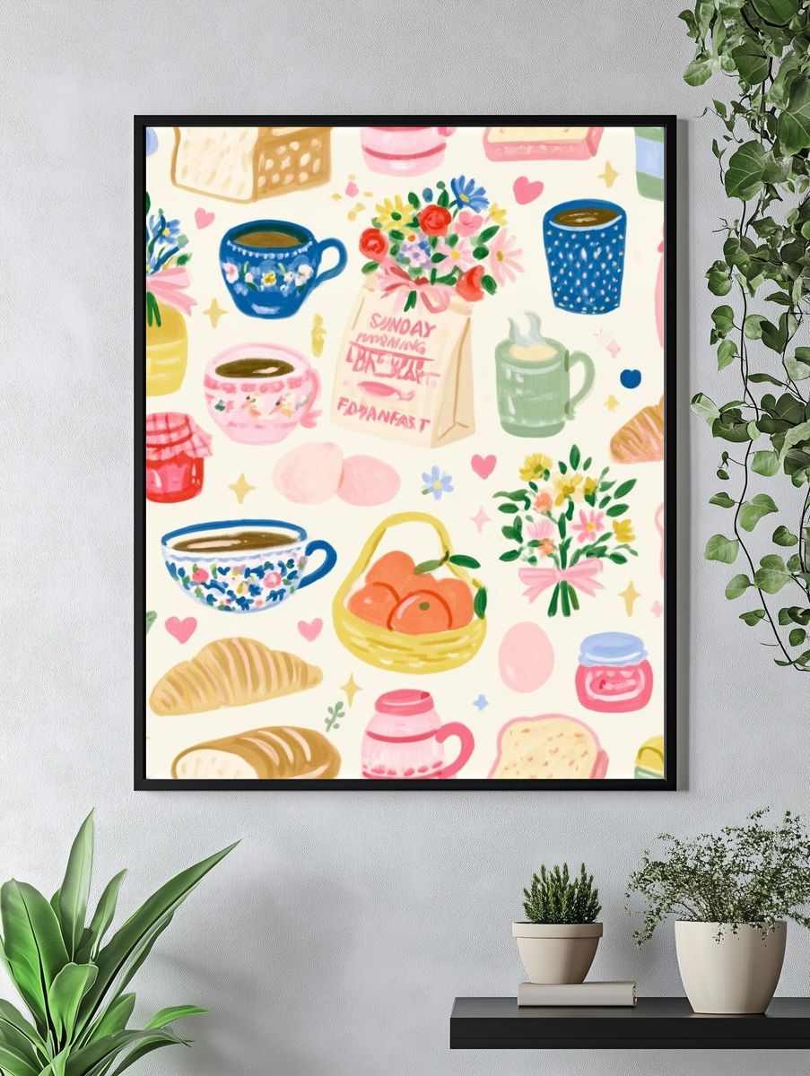 Pastel Breakfast Pattern Illustration Poster. — room view 4