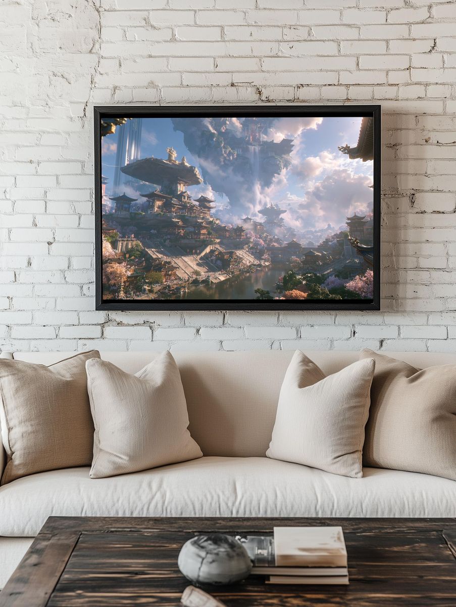 Floating Temple City Illustration Poster. — room view 1