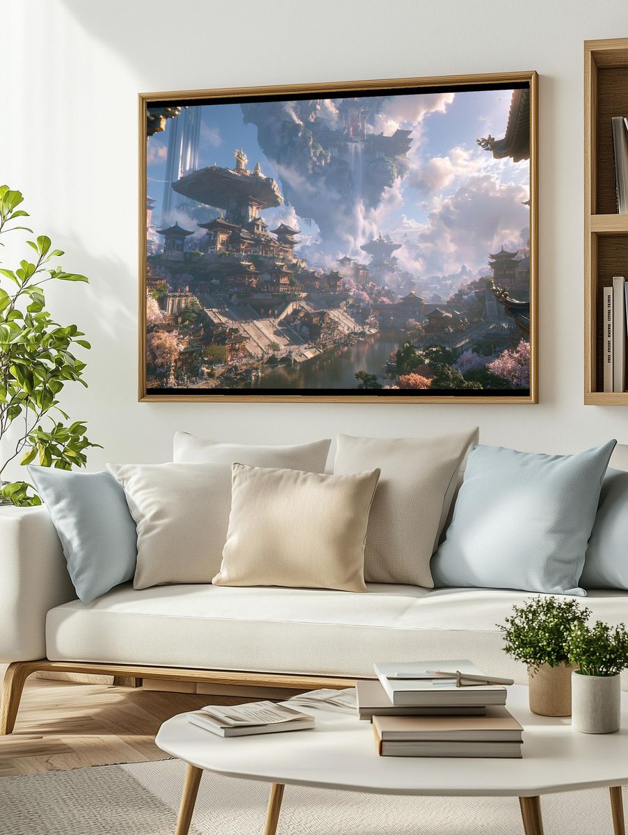 Floating Temple City Illustration Poster. — room view 2