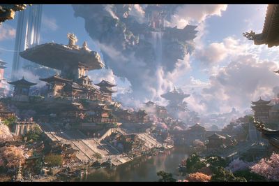 Floating Temple City Illustration Poster. poster
