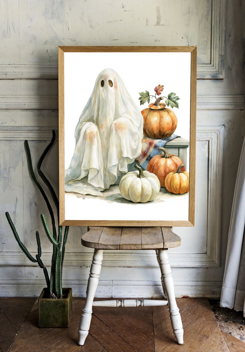 Ghost and Pumpkins Watercolor Poster. room preview