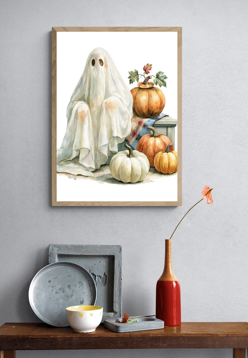 Ghost and Pumpkins Watercolor Poster. — room view 3