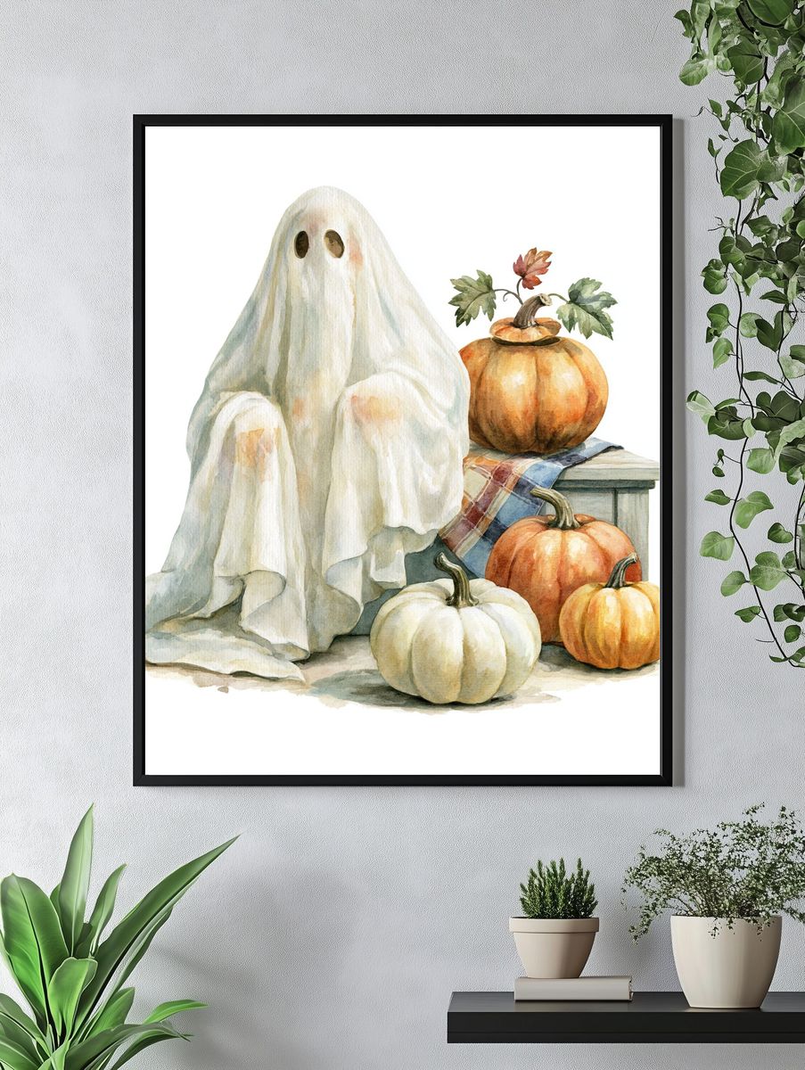 Ghost and Pumpkins Watercolor Poster. — room view 4