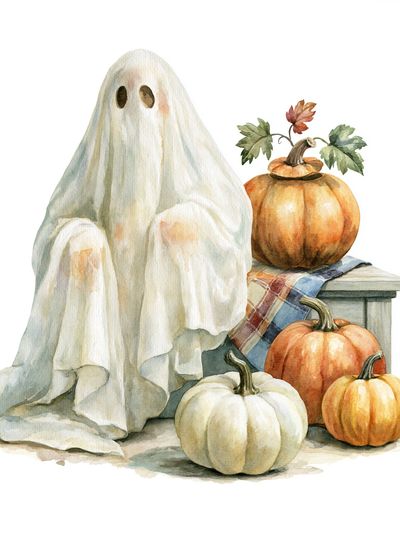 Ghost and Pumpkins Watercolor Poster. poster