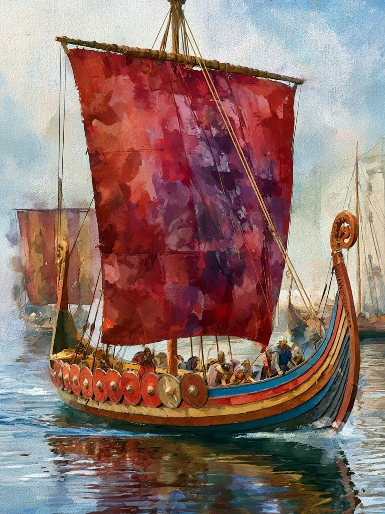 Viking Longship Harbor Watercolor Poster. poster — illustration art