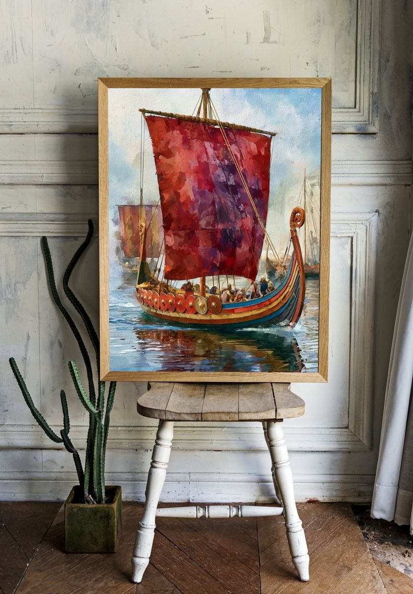 Viking Longship Harbor Watercolor Poster. — room view 1