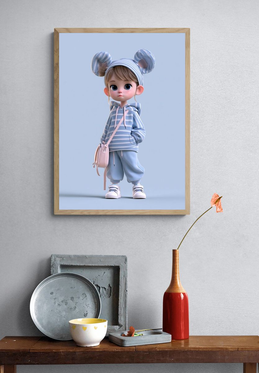 Cute 3D Girl Character Illustration Poster. — room view 3