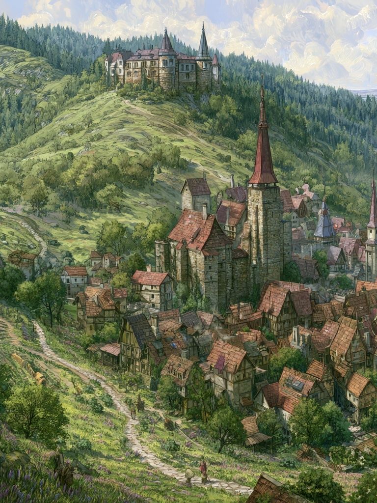 Mountain Village Fantasy Illustration Poster. poster detail