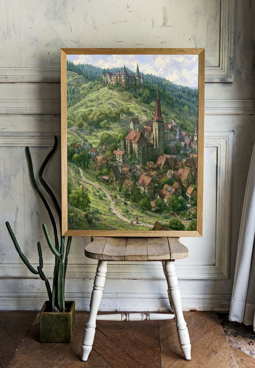 Mountain Village Fantasy Illustration Poster. — room view 1